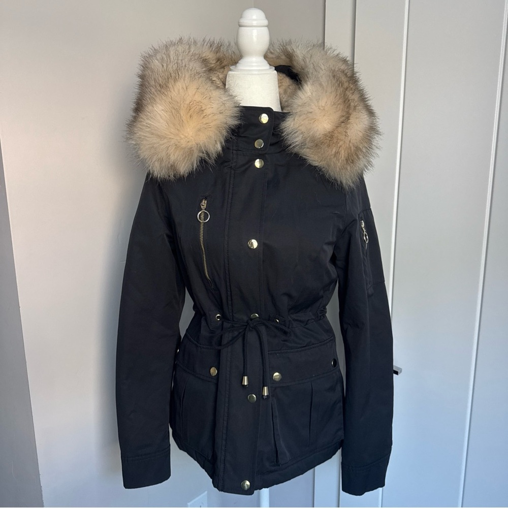 Topshop Navy Blue Utility Jacket with Cream Faux Fur Hood size US4